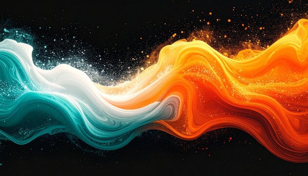 Vibrant orange teal white psychedelic grainy gradient color flow wave on black background, music cover dance party poster design