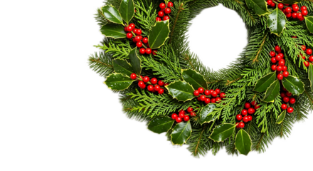 Close up of a christmas wreath with holly berries and evergreen branches on a black background