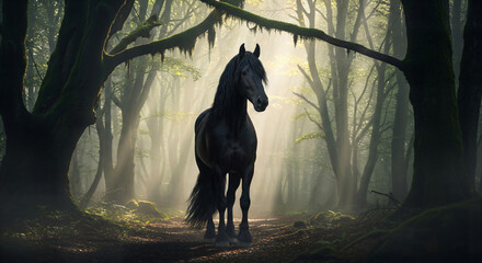Majestic black horse standing alone in misty forest with sunbeams