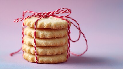 A stack of buttery shortbread cookies tied with red twine, isolated on pastel backdrop, soft commercial lighting