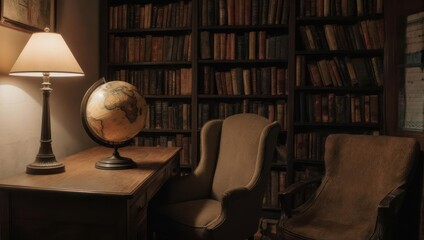 Cozy Library Interior with Lamp, Globe, and Bookshelves.