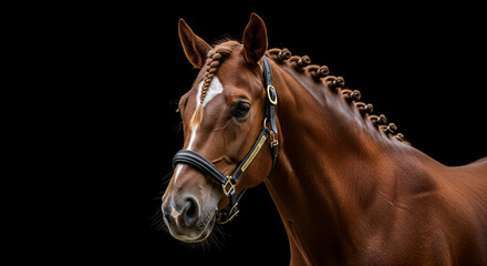 Majestic chestnut horse with braided mane against black background
