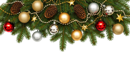 Christmas tree branch with ornaments, pine cones, and beads