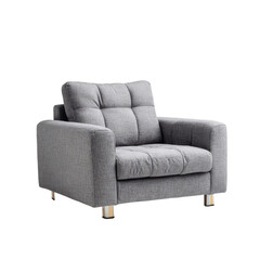 Fototapeta premium Gray Fabric Armchair with Tufted Cushions and Silver Legs on Black Background sofa furniture, Png Transparent, Isolated on White