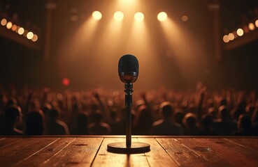 Retro microphone waits on wood stage under bright spotlight. Crowd cheers excitedly for unseen performer. Warm ambiance suggests anticipation for live show.