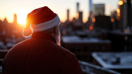 This image captures a figure resembling Santa looking over a city skyline at sunset, evoking feelings of nostalgia, holiday spirit, and a connection to tradition and hope.