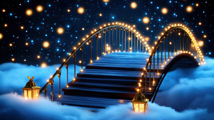 Obraz premium Christmas bridge glows with festive lights above dreamy clouds and lanterns under magical night sky filled with sparkling stars