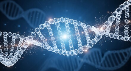 Futuristic digital visualization of a glowing DNA double helix, representing breakthroughs in genetic science, biotechnology, and medical research