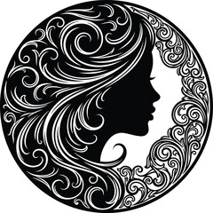 Woman silhouette with floral swirls art design for beauty salon logo icon eps