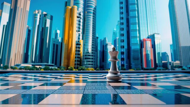 Urban chess strategy grand chessboard with king and queen piece focus, modern city skyline reflections, abstract urban depth, leadership ambition