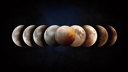 Lunar eclipse showing phases and blood moon on dark sky