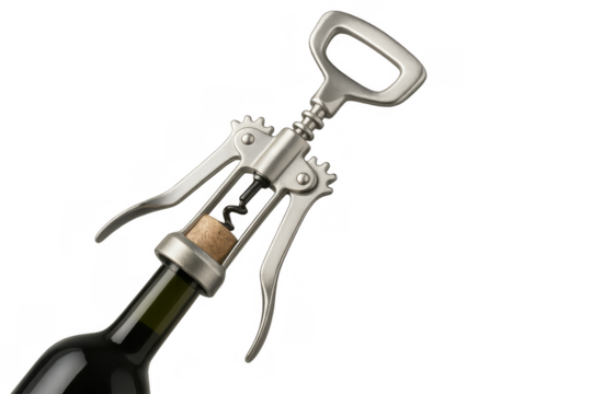 Wine bottle and corkscrew uncorking, wine opening preparation, metallic tool extracting cork, transparent background