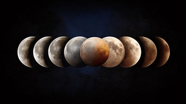 Lunar eclipse showing phases and blood moon on dark sky