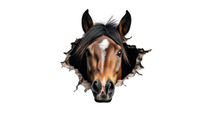 Horse Breaking Through Wall in Dynamic Pose, Transparent Background