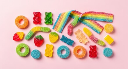 Colorful Assortment of Gummy Candies with Bright Shades on a Pink Background
