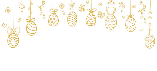 Easter eggs golden hanging horizontal garland, eggs with rope, bows, decorations, leaves and butterfly ornament. Holiday line hand drawn doodle sketch border.  © Alyona