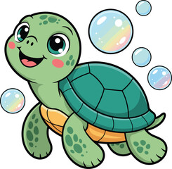 Obraz premium Cute happy sea turtle swimming with bubbles cartoon vector illustration, adorable smiling marine animal character, isolated ocean graphic design
