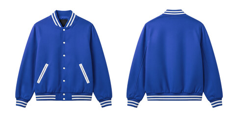 Blue and White Varsity Baseball Jacket Front and Back View Isolated on White Background