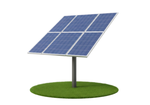 Solar panel on a green grassy mound isolated on transparent background