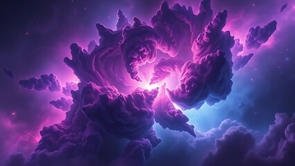 A vast, chaotic nebula cloud in vibrant purples and blues, crackling with energy and birthing new stars.