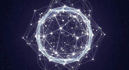 Glowing plexus sphere of interconnected nodes, an abstract visualization of quantum computing, global networks, and future technology