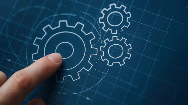 Mechanical consulting concept with finger touching gear icon on digital interface for engineering innovation and technology design integration