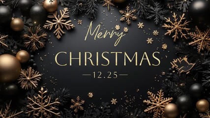Elegant Merry Christmas greeting with gold and black snowflakes and baubles on a dark background. - Powered by Adobe