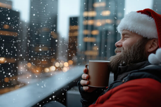 A cheerful man in a Santa hat enjoys a warm drink on a snowy balcony, embracing the joyous holiday spirit while surrounded by a vibrant urban landscape.