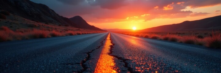 Cracked asphalt ribbon vanishes into distant shimmering heat , vanishing point, desert, sun