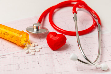 Medical stethoscope, red heart, and cardiogram on a color background. ECG, Heart wave, heart attack, cardiogram report. Cardiogram pulse trace and heart concept. Healthcare.Space for text