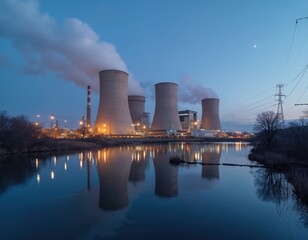 Obraz premium Industrial complex reflects in calm river at twilight. Large thermal power plant towers dominate skyline under darkening sky. Smoke rises from chimneys, illustrating energy production, industrial