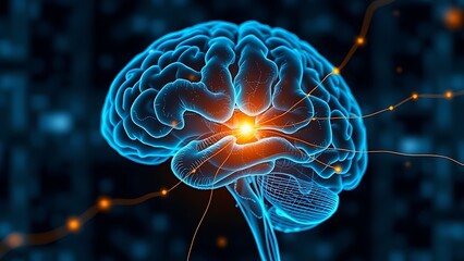 A glowing intricate digital brain scan being gently repaired by a delicate golden filament of light, representing medical breakthrough.