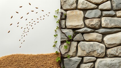 A symbolic diptych of ancient seeds scattering on the wind and weathered stone traditions, connected by a slow, creeping vine.