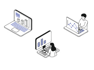 Three isometric illustrations of people working on laptops displaying charts and graphs on a white background