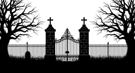 Ornate Cemetery Gate with Stone Pillars and Bare Trees Silhouette isolated on a transparent background