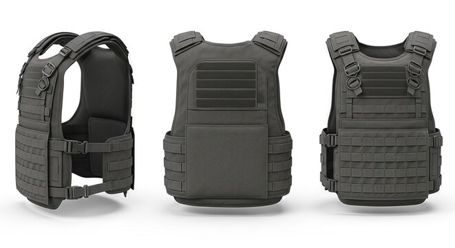 Modern black military body armor vest shown from multiple angles isolated on a white background.