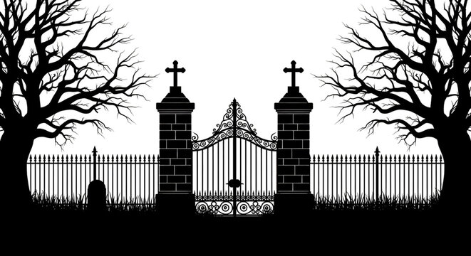 Ornate Cemetery Gate with Stone Pillars and Bare Trees Silhouette isolated on a transparent background