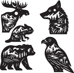 Iconic North American Animals Double Exposure Vector Illustration.eps