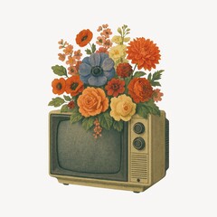 Obraz premium Vintage television with blooming flowers
