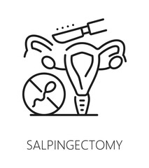 Salpingectomy contraception method line icon or label. Family planning method line vector pictogram, contraception procedure symbol. Pregnancy prevention icon with sperm, uterus and surgical scalpel