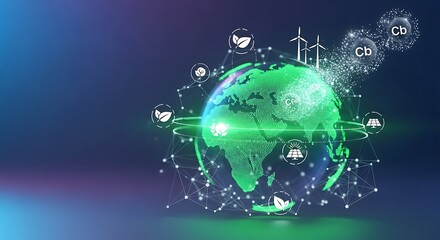 Fototapeta premium Concept of a sustainable future with a digital globe showing a network of green energy, carbon recycling, and environmental technology icons