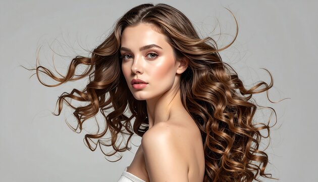 A woman with long, flowing, wavy brown hair, looking towards the viewer. The background is a soft gray