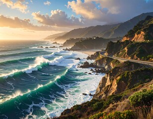 Coastal vista depicting ocean waves crashing against rocky cliffs, with a road winding along the coastline and a sunset sky