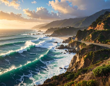 Coastal vista depicting ocean waves crashing against rocky cliffs, with a road winding along the coastline and a sunset sky