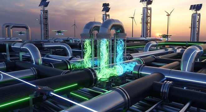 Futuristic carbon capture and recycling facility with an intricate pipeline network powered by wind and solar energy
