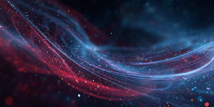 Dynamic red and blue digital light wave background with flowing energy streak particles