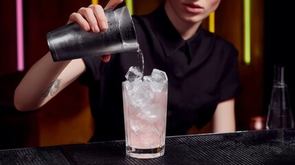 In a lively bar illuminated by colorful neon lights, a bartender expertly pours a well-crafted cocktail from a shaker. The glass is filled with glistening ice, ready to delight patrons