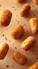 Creamy ham croquetes with golden crusts, dish from Spain on beige background, minimalist food photo, template for social media, digital ads, web banners, mobile wallpapers, greeting cards