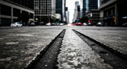 Urban Street View Featuring Concrete Tracks and Cityscape in Background During Daylight