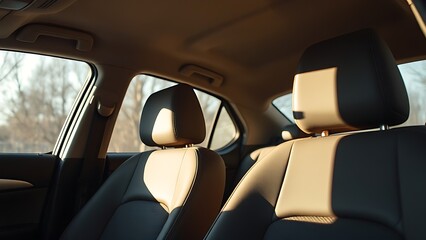 Car interior with sunlight streaming through the window, focusing on empty seats.